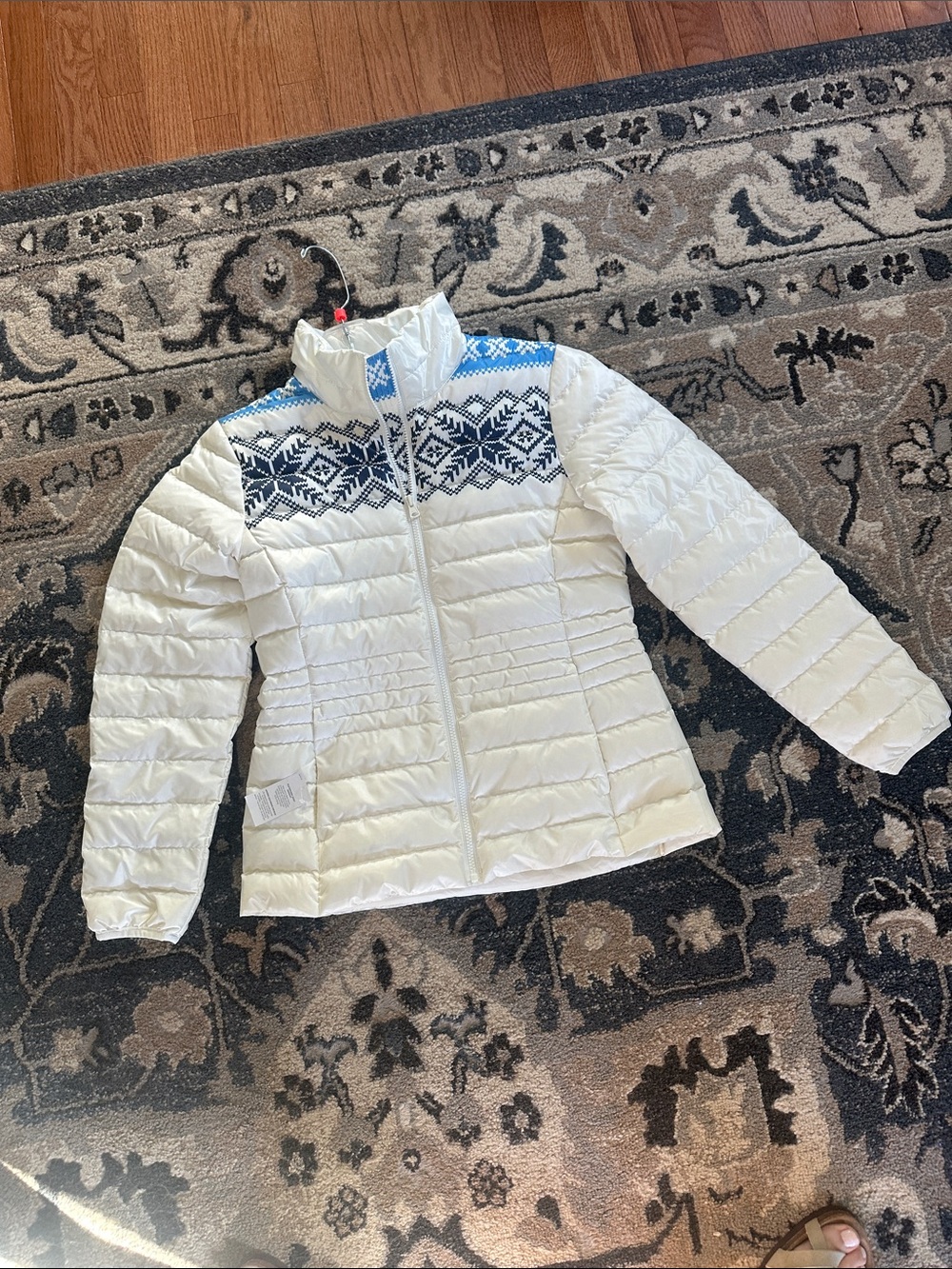 Lands' End NEW White Puffer Jacket with Blue Nordic Yoke size small women’s